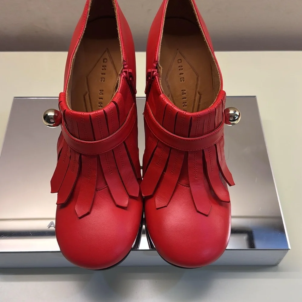 Chie Mihara Red Leather Fringe Block-Heel Booties round toe